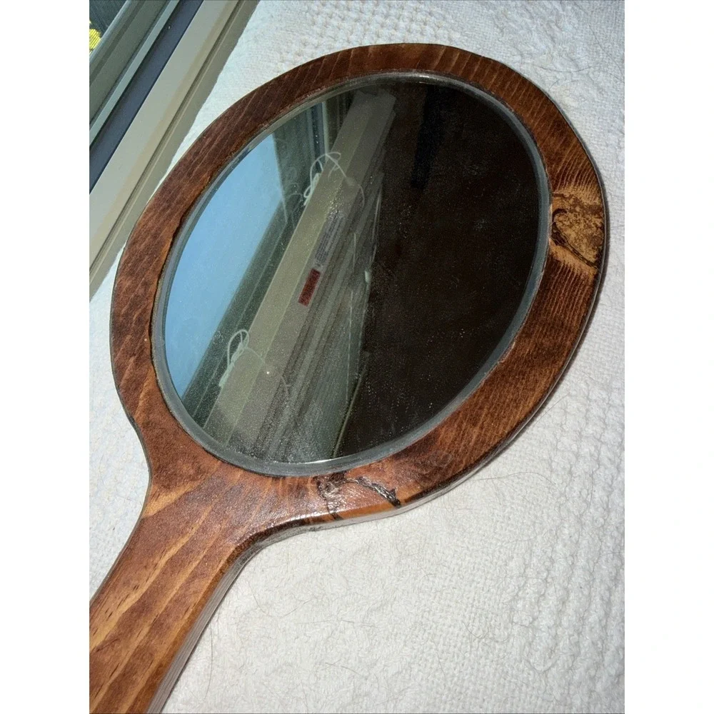 Vintage Wood Hand Held Beveled Glass Mirror Leaf Design Oval Glass 14.5 in